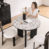 Round terrazzo table with easy-clean surface, perfect for small apartments